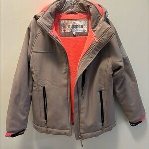 Women’s taupe puffer ski jacket coral lining